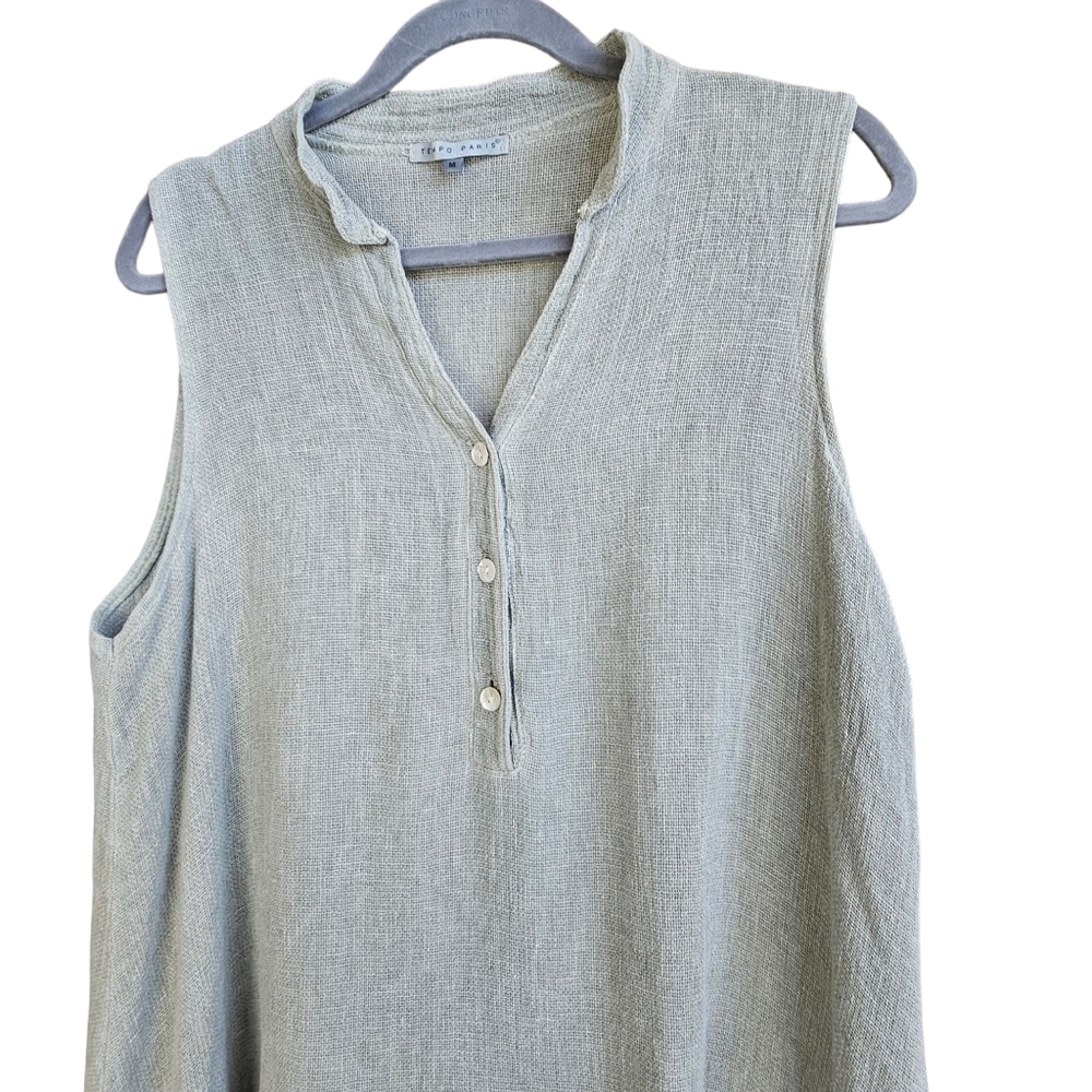 TEMPO PARIS Linen & Cotton Ruffled Faded Olive Sleeveless Midi Dress Size M - Picture 2 of 12